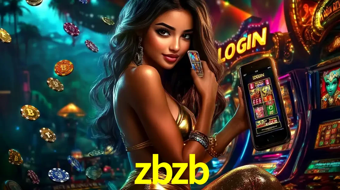 Mulher em um cenário de cassino temático de aventura, mostrando o app de caça-níqueis da zbzb no celular. Fichas de apostas flutuam ao redor.