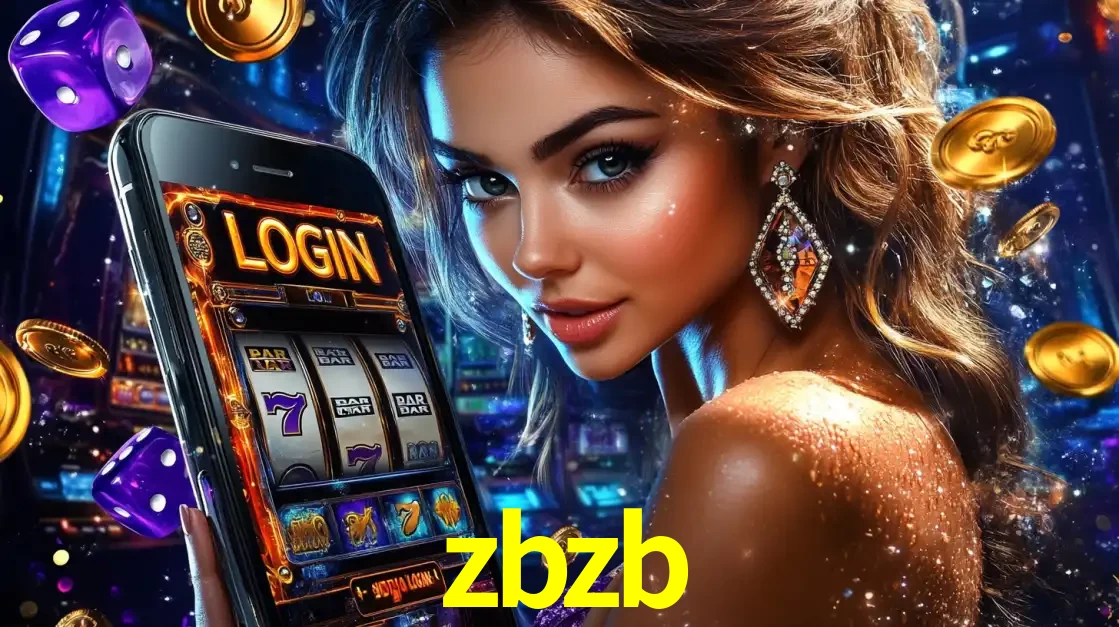Mulher glamorosa segurando um smartphone com a tela de login para os jogos de caça-níqueis do cassino online zbzb, com moedas de ouro e dados ao redor.